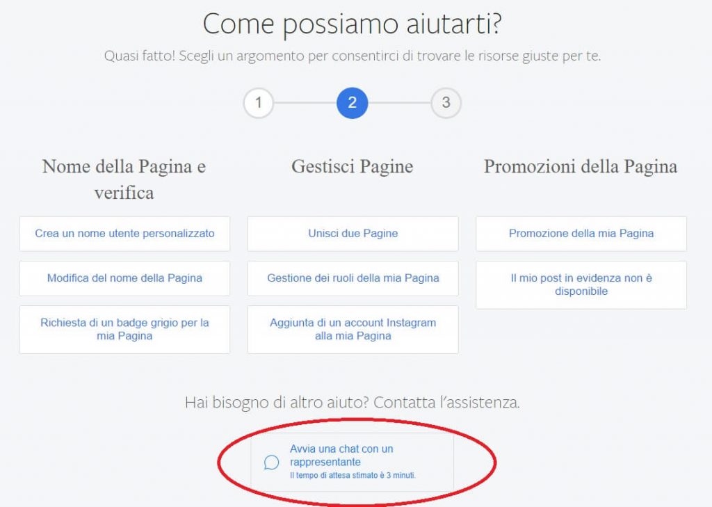 Avvio chat con il servizio clienti Facebook business